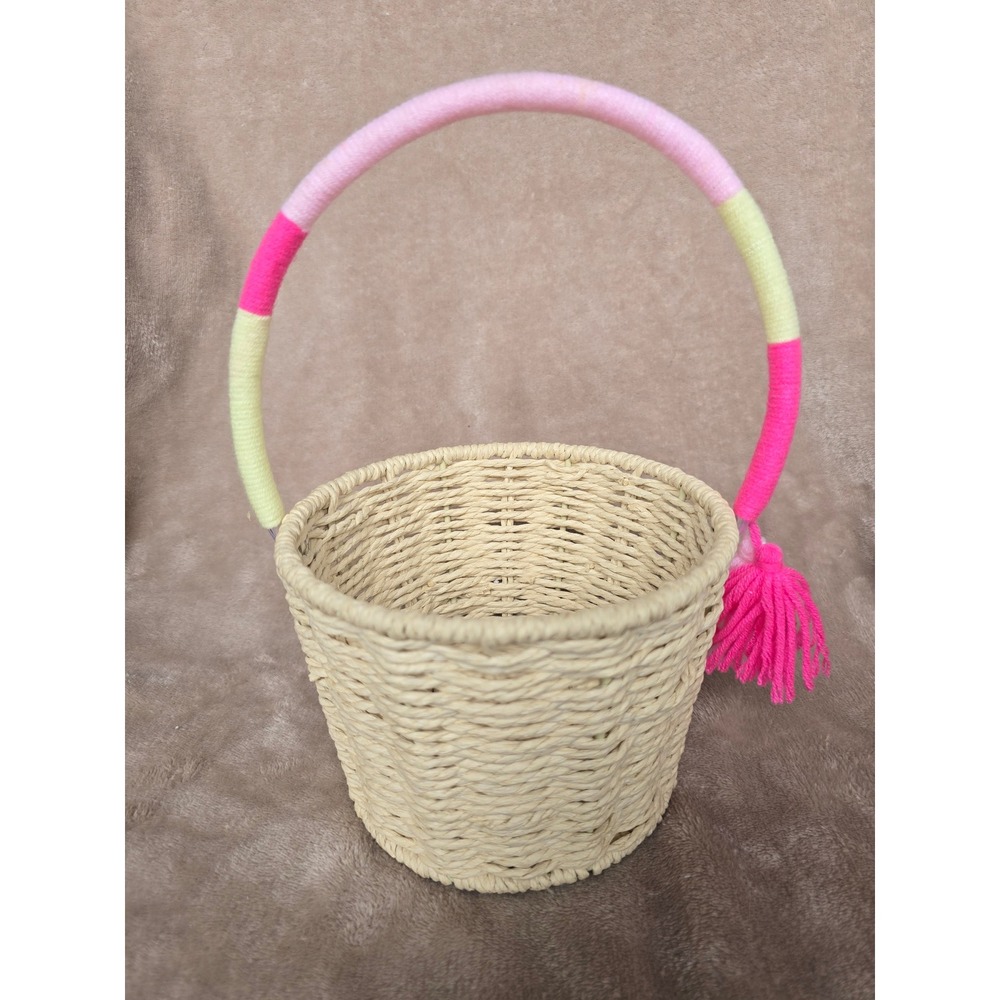 Woven Straw Basket with Colorful Yarn Wrapped Handle and Tassels Pink Yellow